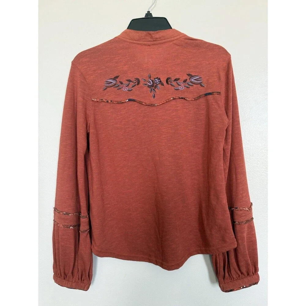 Free People Sz XS Orange Cedar Sundance Kid Embroidered Henley Shirt Boho